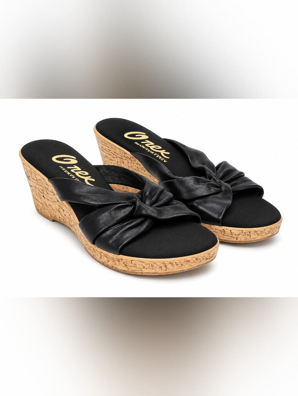 NWOT Onex Gayle Black Leather Knot Cork Wedge Slide Sandals Made in Italy 7